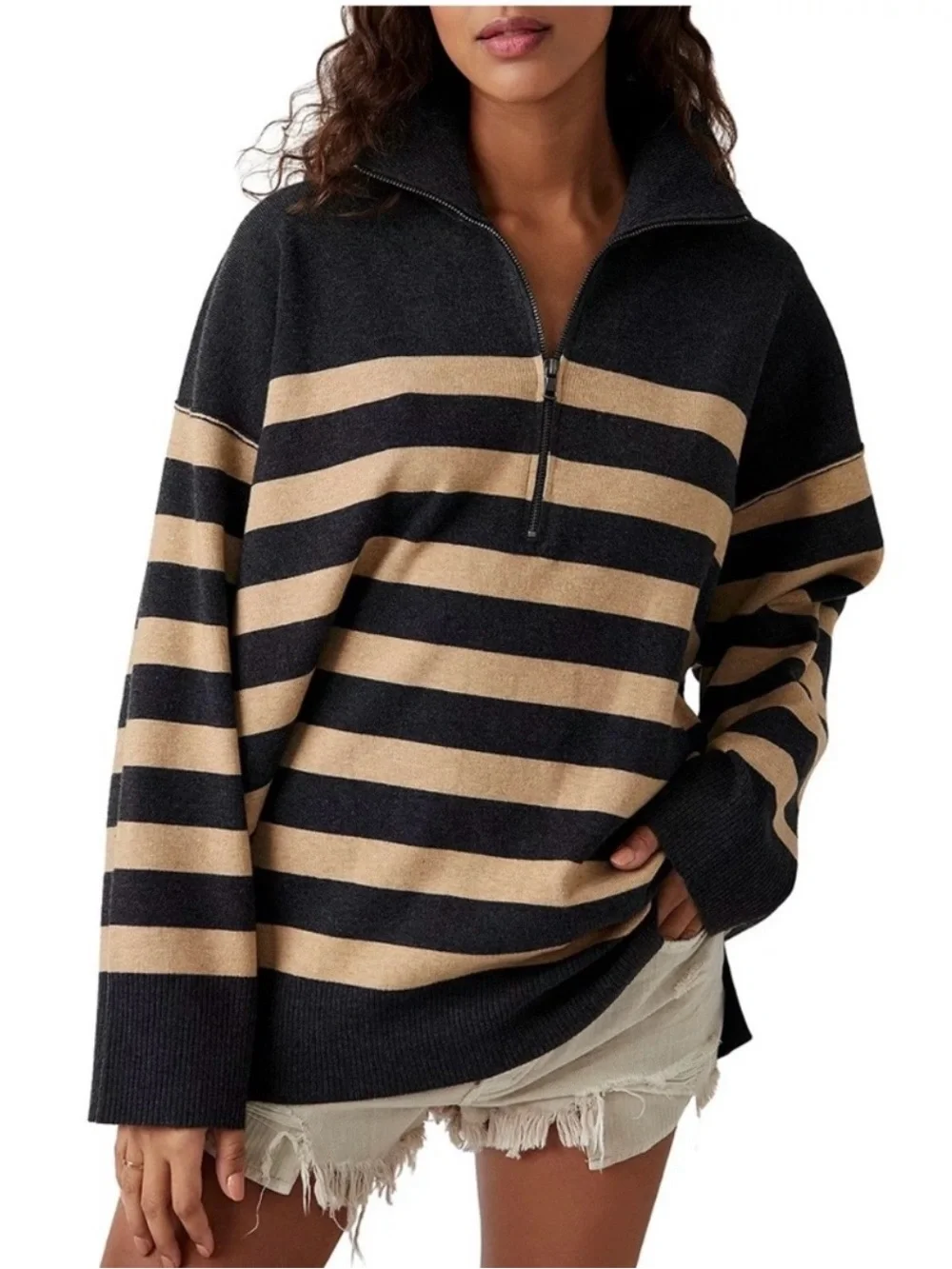Free People Oversized Coastal 1/2 Zip Pullover Women S Carbon Camel Combo Stripe